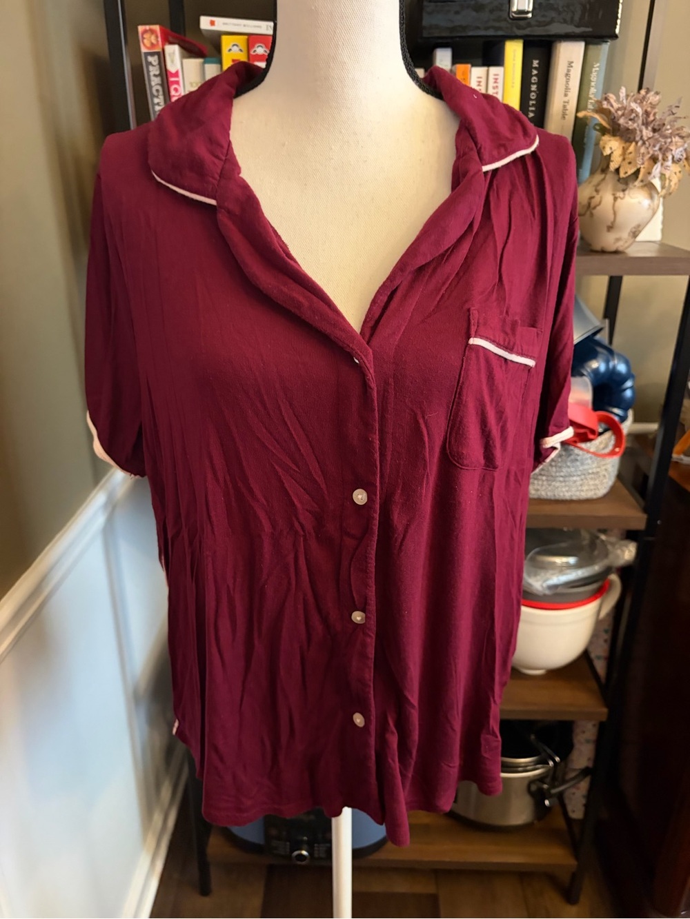 stars above Burgundy Short-Sleeve Button Front Pajama Top with White Piping